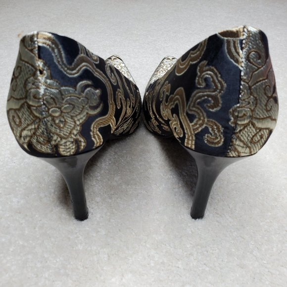 9 & CO. Black/Gold Women Embroidered Heels SZ 8M - Picture 4 of 8